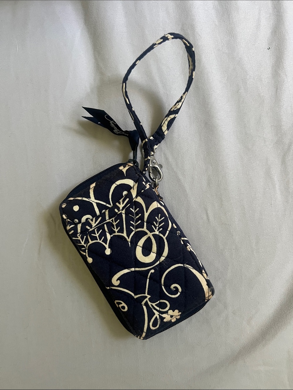 Vera Bradley Navy and Cream Quilted Wristlet with Floral Scroll